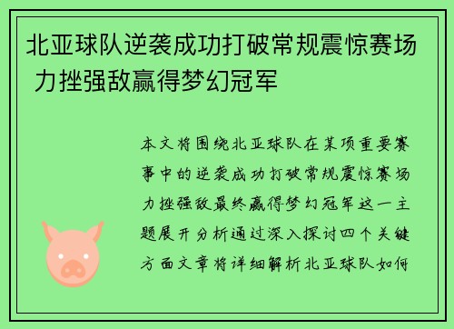 北亚球队逆袭成功打破常规震惊赛场 力挫强敌赢得梦幻冠军