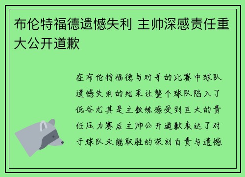 布伦特福德遗憾失利 主帅深感责任重大公开道歉