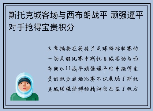 斯托克城客场与西布朗战平 顽强逼平对手抢得宝贵积分
