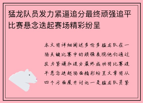 猛龙队员发力紧逼追分最终顽强追平比赛悬念迭起赛场精彩纷呈