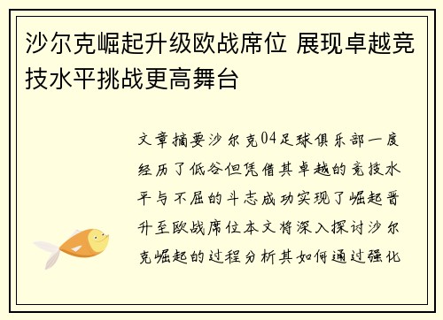 沙尔克崛起升级欧战席位 展现卓越竞技水平挑战更高舞台