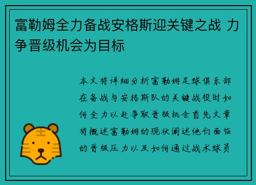 富勒姆全力备战安格斯迎关键之战 力争晋级机会为目标