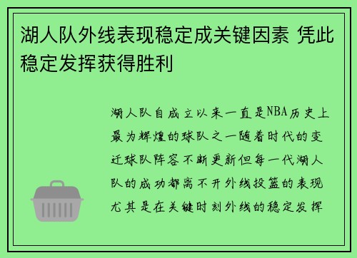 湖人队外线表现稳定成关键因素 凭此稳定发挥获得胜利