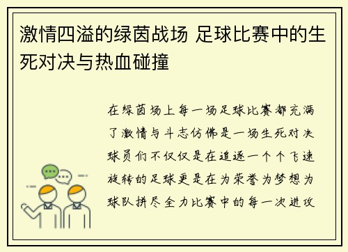 激情四溢的绿茵战场 足球比赛中的生死对决与热血碰撞