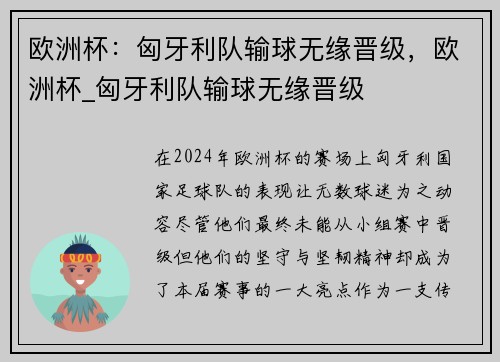 欧洲杯：匈牙利队输球无缘晋级，欧洲杯_匈牙利队输球无缘晋级
