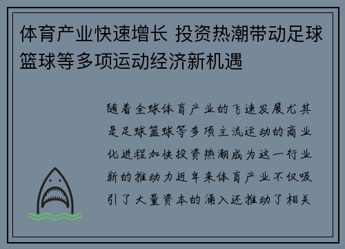 体育产业快速增长 投资热潮带动足球篮球等多项运动经济新机遇