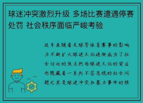 球迷冲突激烈升级 多场比赛遭遇停赛处罚 社会秩序面临严峻考验