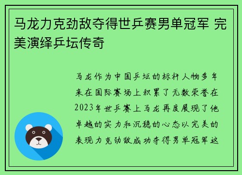 马龙力克劲敌夺得世乒赛男单冠军 完美演绎乒坛传奇